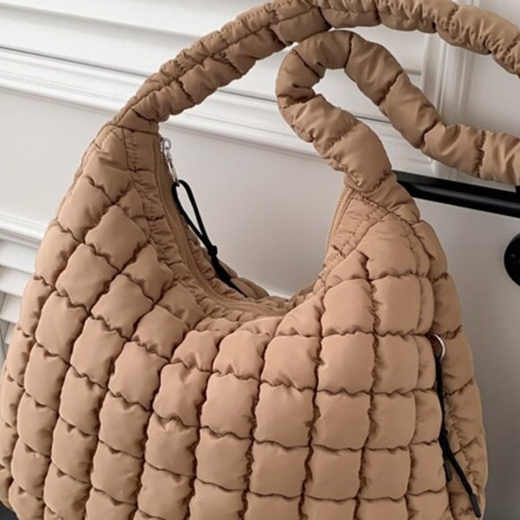 WholesaleSir Handbags - Khaki Puffy Quilted Large Shoulder Bag with Zipper Top and Two Zipper Sides New